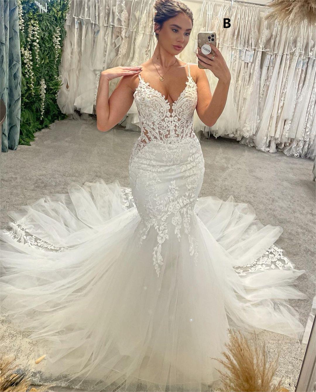 Glamorous V-Neck Spaghetti Straps Sleeveless Mermaid Bridal Gown-Showprettydress