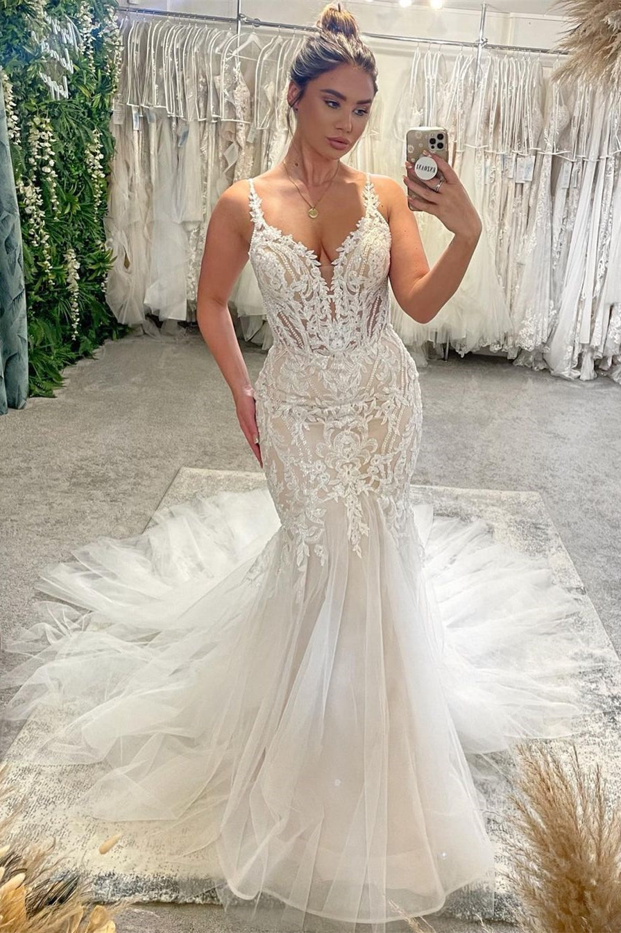 Glamorous V-Neck Spaghetti Straps Sleeveless Mermaid Bridal Gown-Showprettydress
