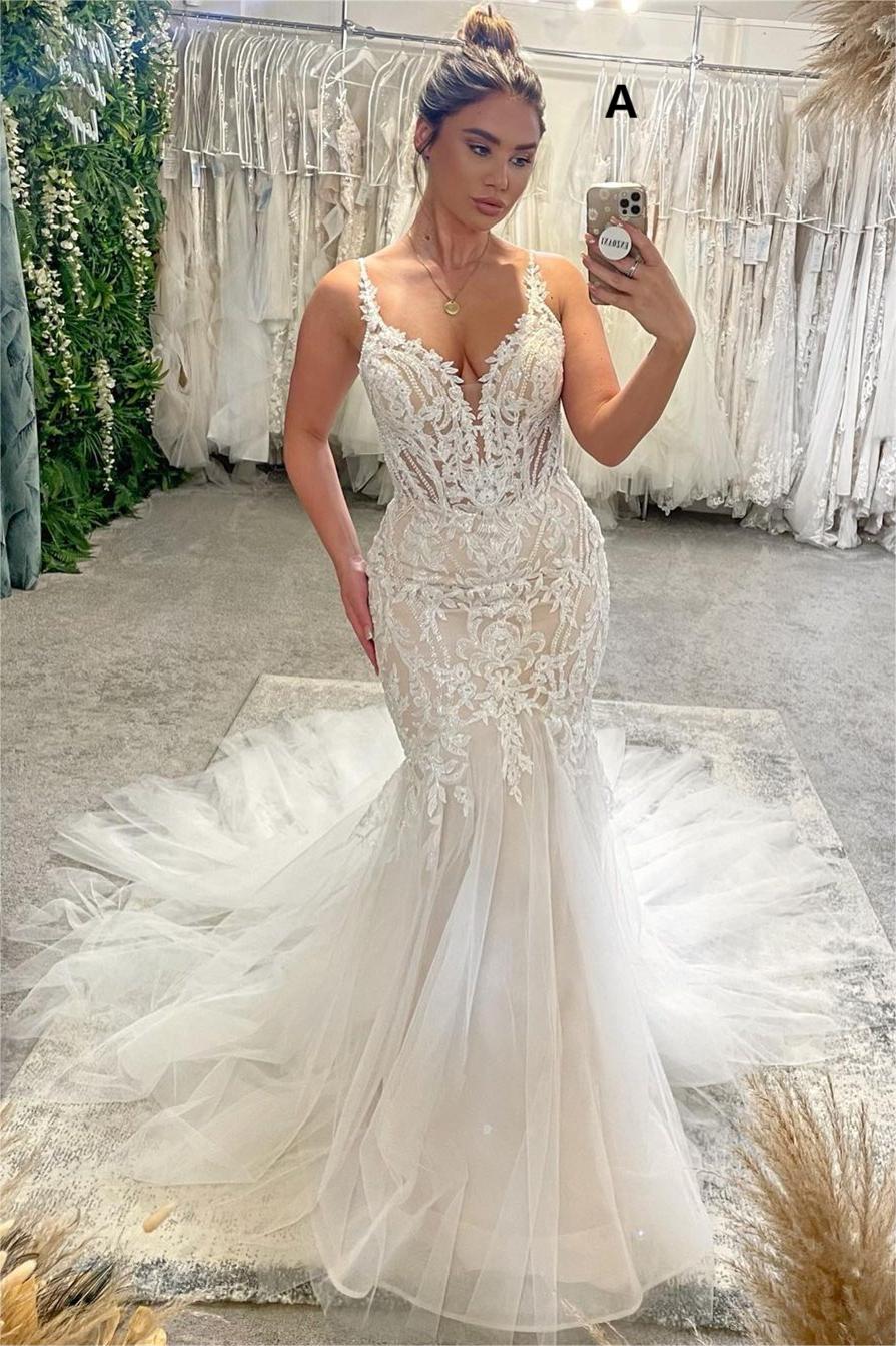 Glamorous V-Neck Spaghetti Straps Sleeveless Mermaid Bridal Gown-Showprettydress