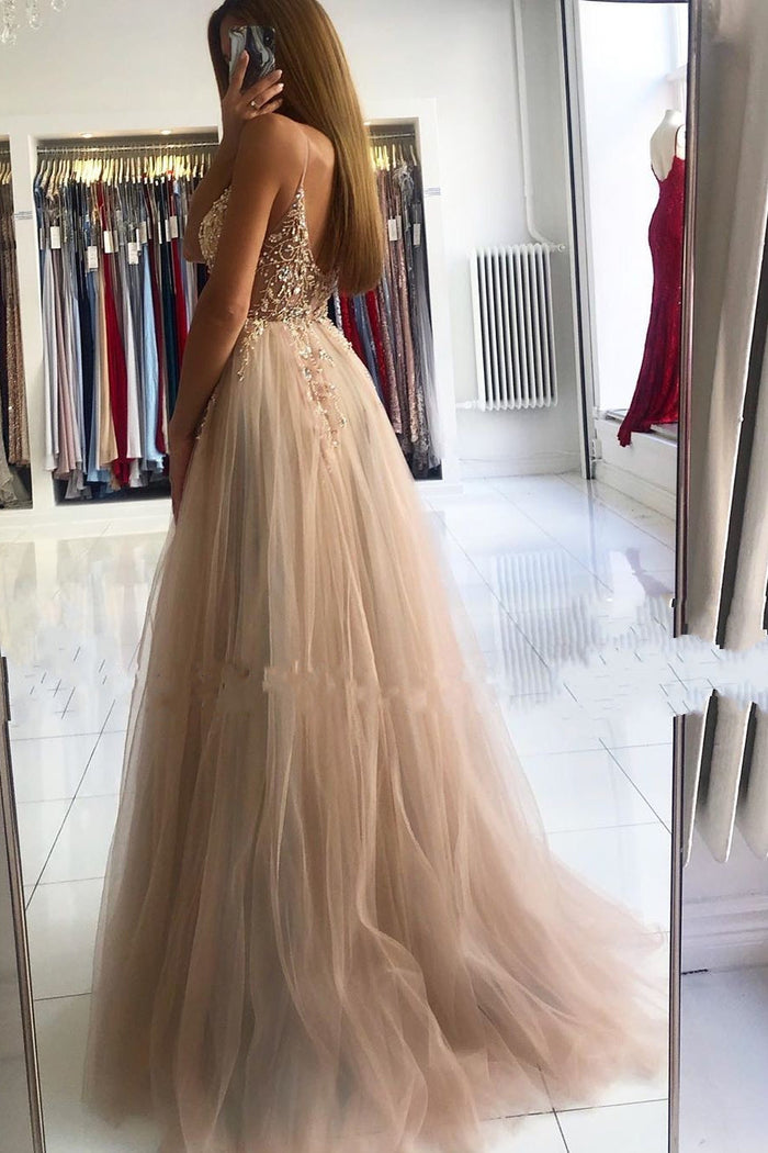 Ivory Tulle Spaghetti Strap Elegant Long Evening Gown Party Dress gh3014 main image 0