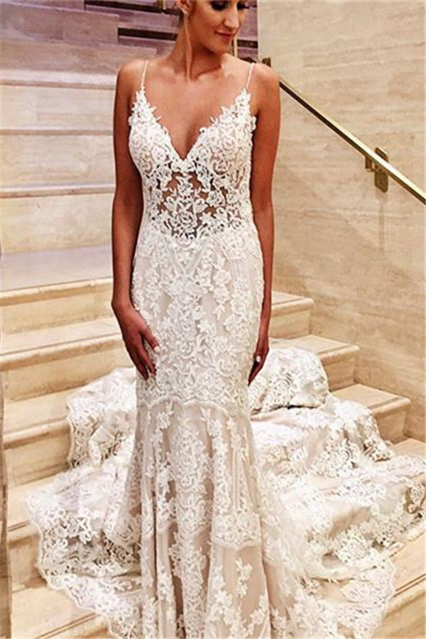 Glamorous White V Neck Lace Mermaid Slim Wedding Bridal Dress-showprettydress