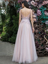 Glamorous Women Evening Dress A-Line V-Neck Floor-Length Backless Applique Lace Social Pageant Dresses Split Gown-showprettydress