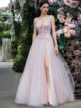 Glamorous Women Evening Dress A-Line V-Neck Floor-Length Backless Applique Lace Social Pageant Dresses Split Gown-showprettydress