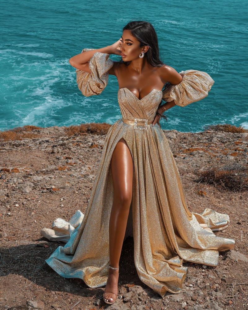 Glitter Sleeveless Splitfront Evening Party Maxi Dress Wedding Party Dress-showprettydress