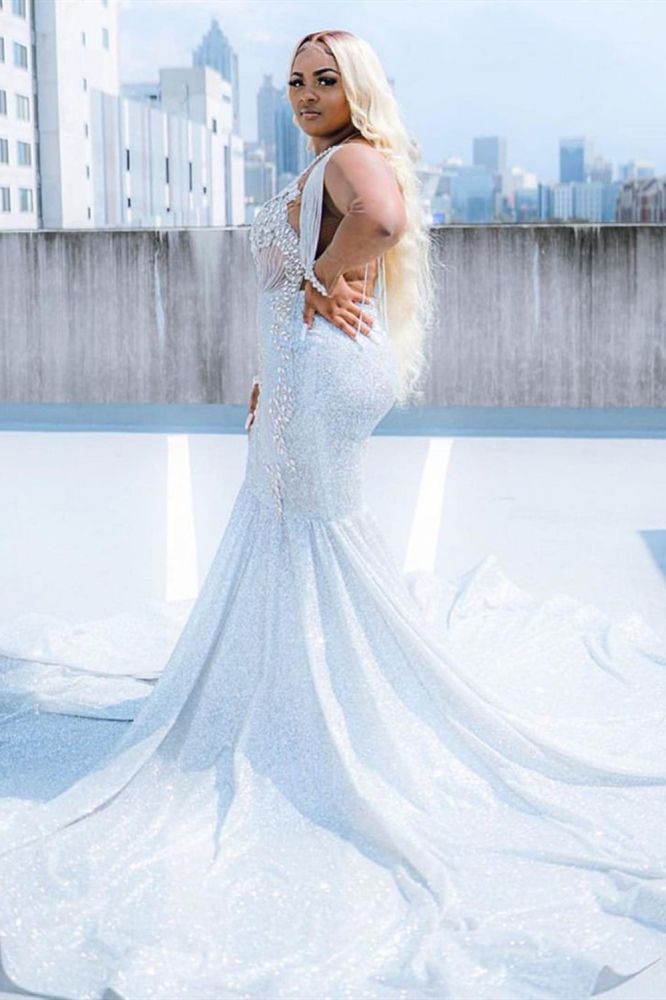Glitter V-Neck affordable plus size prom dresses mermaid Evevning dress-showprettydress