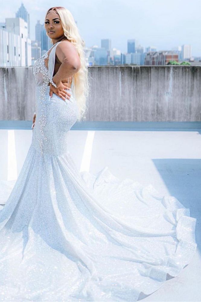 Glitter V-Neck affordable plus size prom dresses mermaid Evevning dress-showprettydress
