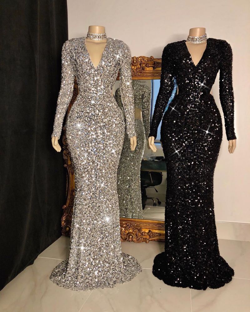 Glittering Crystal Sequins Long Sleevess V-neck Mermaid Prom Dresses-showprettydress