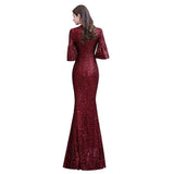 Glittering Half Sleeves Keyhole Mermaid Long Burgundy Prom Party Gowns-showprettydress
