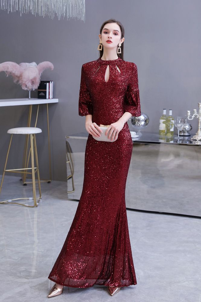 Glittering Half Sleeves Keyhole Mermaid Long Burgundy Prom Party Gowns-showprettydress
