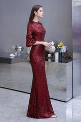 Glittering Half Sleeves Keyhole Mermaid Long Burgundy Prom Party Gowns-showprettydress