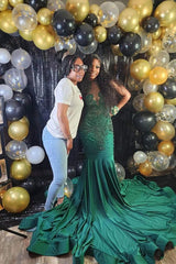 Glorious Long Mermaid V-neck Sleeveless Formal Prom Dresses With Beading-showprettydress