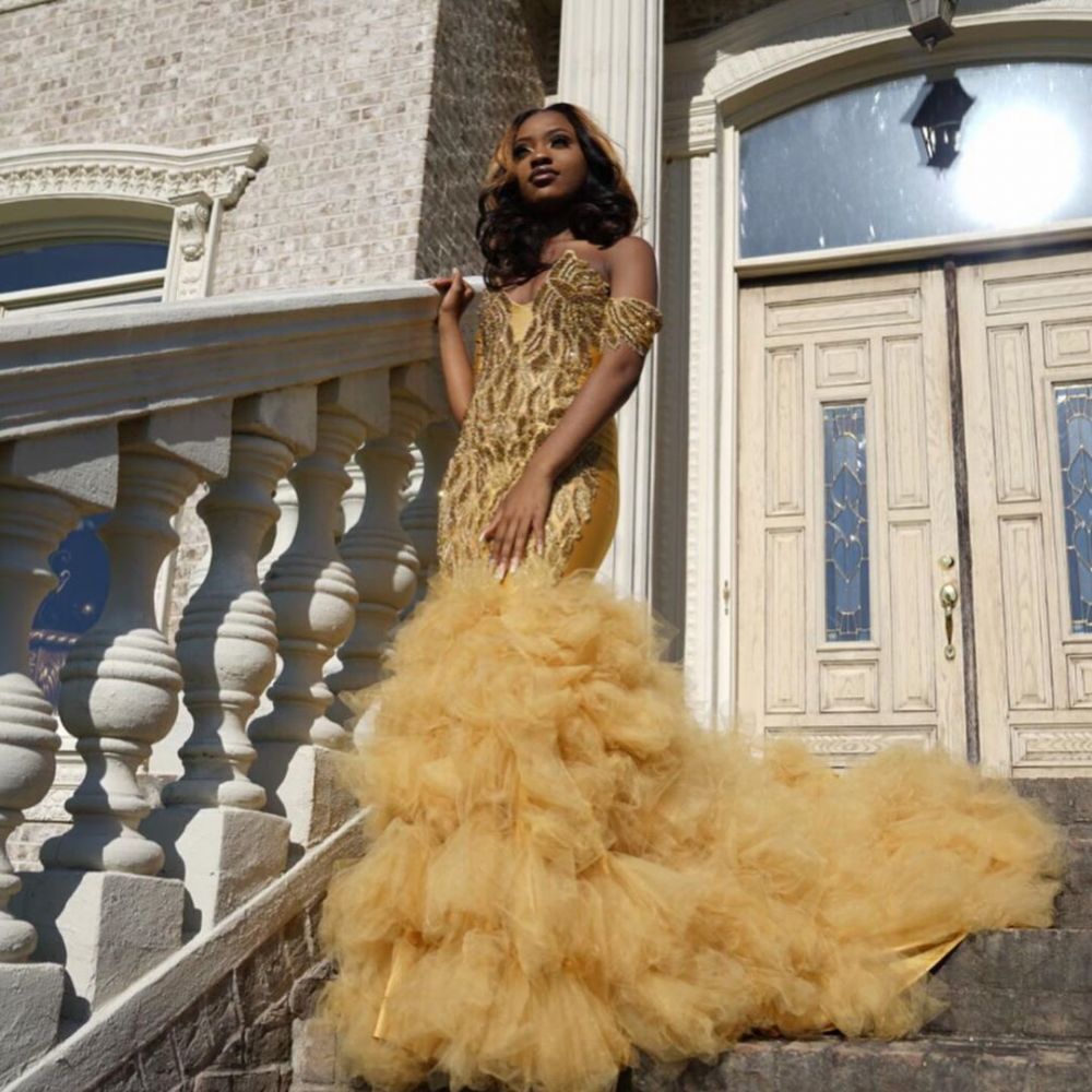 Gold Beads Appliques Fit and Flare Prom Dresses Off-the-Shoulder Tulle Ruffles Evening Gowns-showprettydress