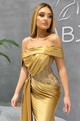 Gold Long Off-the-Shoulder Mermaid Prom Dress Appliques With Ruffles-showprettydress