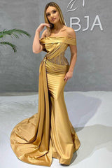 Gold Long Off-the-Shoulder Mermaid Prom Dress Appliques With Ruffles-showprettydress