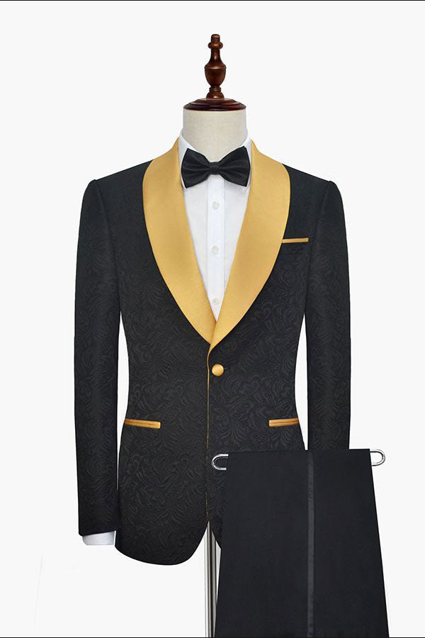 Gold Shawl Lapel One Button Wedding Tuxedo Black Jacquard Prom Suits-showprettydress