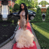 Gold Sleeveless V-neck Appliques Ruffled Tulle Mermaid Prom Dresses-showprettydress