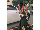 Golden Appliques Halter V-neck Long Train Mermaid Prom Gowns-showprettydress