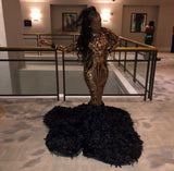 Golden Metallic Sequined Black High neck Mermaid Prom Party Gowns with Fur-showprettydress
