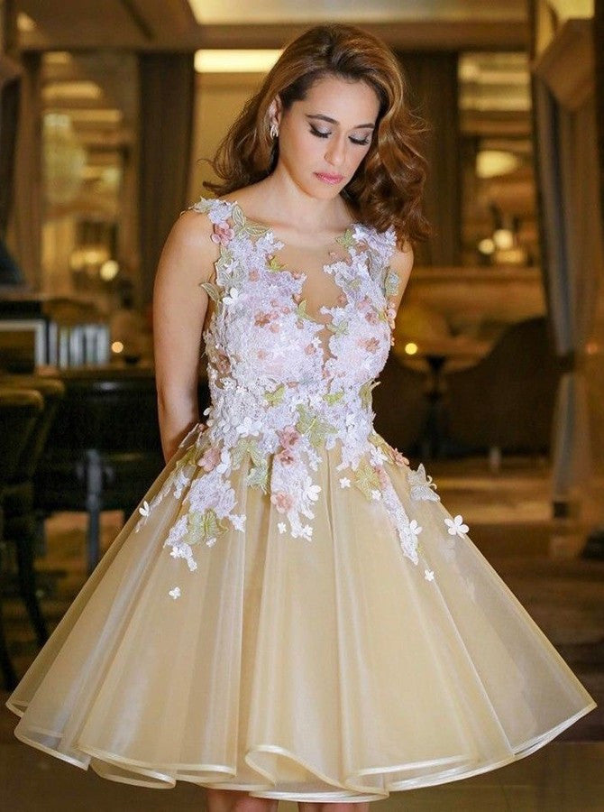 Gorgeous A-Line Flowers Homecoming Dresses Sleeveless Open Back Short Hoco Dress-showprettydress