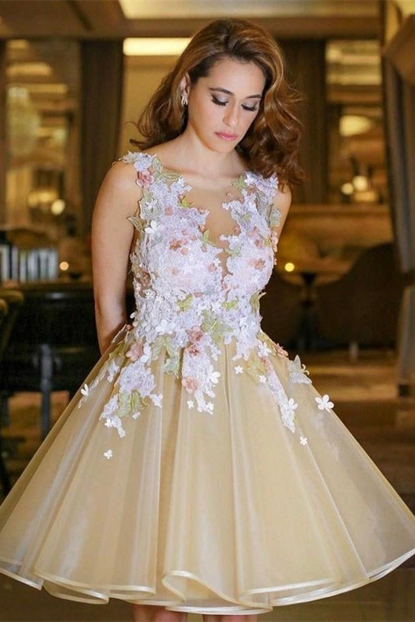 Gorgeous A-Line Flowers Homecoming Dresses Sleeveless Open Back Short Hoco Dress-showprettydress