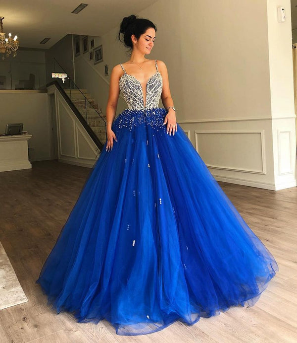Gorgeous A-Line Spaghetti Straps Sleeveless Tulle Beaded Evening Dresses-showprettydress