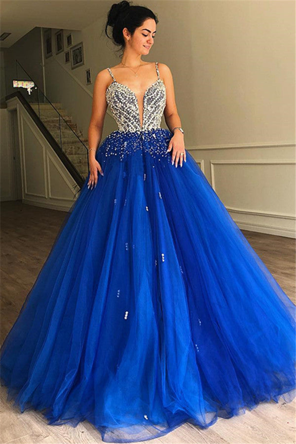 Gorgeous A-Line Spaghetti Straps Sleeveless Tulle Beaded Evening Dresses-showprettydress