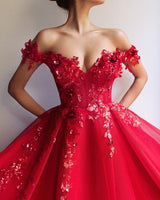 Gorgeous Ball Gown Off-the-Shoulder Applique Flowers Evening Dresses-showprettydress