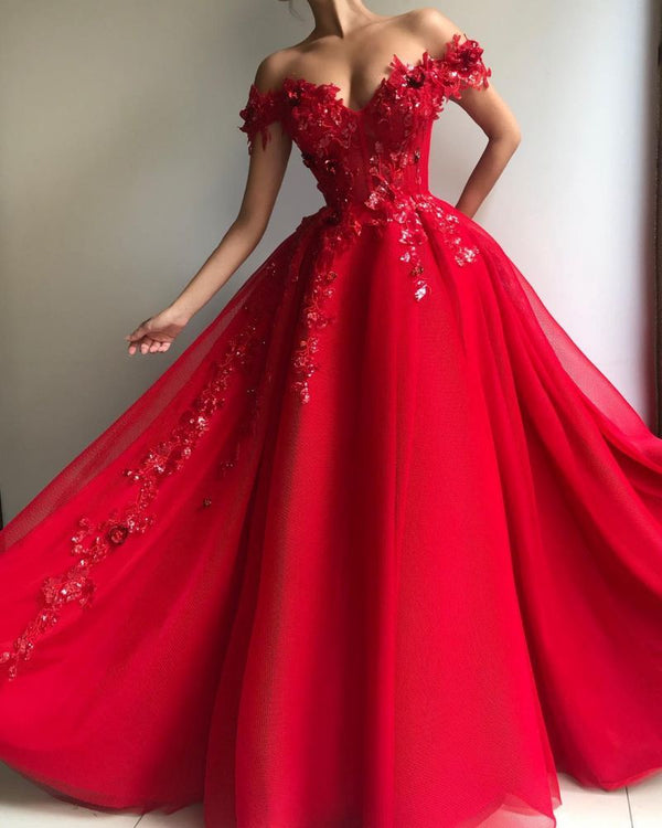 Gorgeous Ball Gown Off-the-Shoulder Applique Flowers Evening Dresses-showprettydress