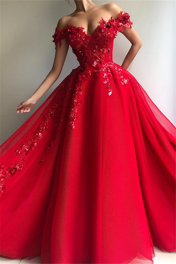 Gorgeous Ball Gown Off-the-Shoulder Applique Flowers Evening Dresses-showprettydress