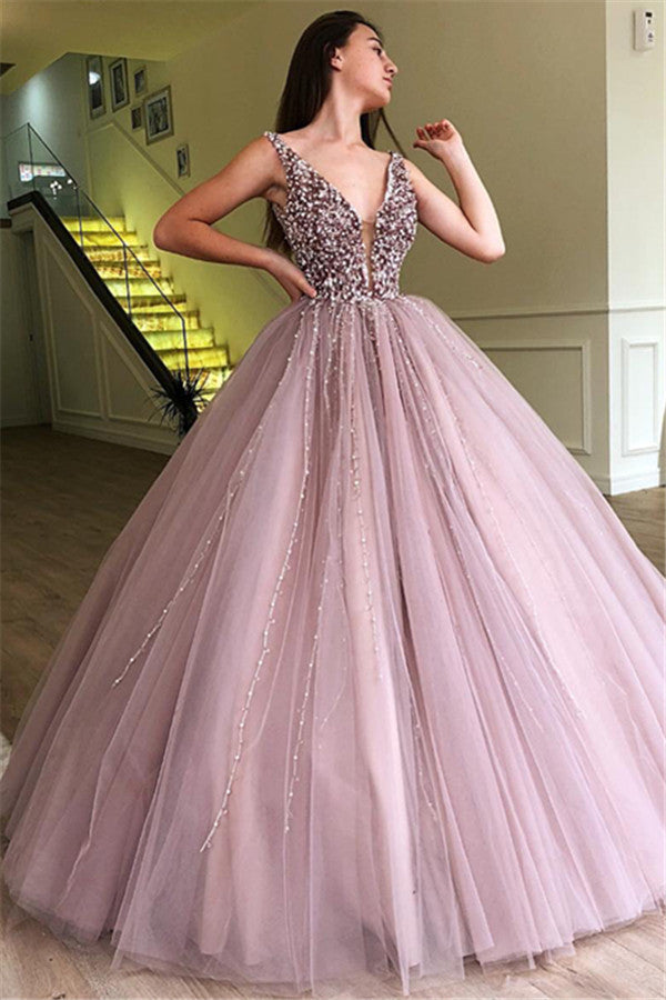Gorgeous Ball Gown Tulle Beading Straps Sleeveless Prom Party Gowns-showprettydress