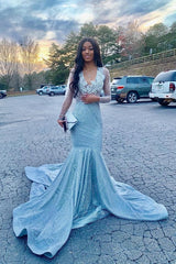 Gorgeous Beading Appliques Court Train Long Sleevess Mermaid Prom Dresses-showprettydress