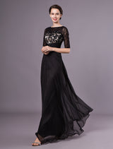 Gorgeous Black Evening Dresses Half Sleeves Lace Beading Chiffon Long Formal Gowns wedding guest dress-showprettydress