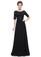 Gorgeous Black Evening Dresses Lace Applique Mother Of The Bride Dresses Chiffon Jewel Neck Half Sleeve A Line Floor Length Wedding Guest Dresses-showprettydress