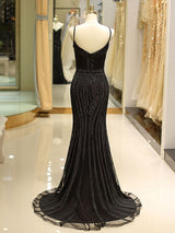 Gorgeous Black Evening Dresses Mermaid Luxury Heavy Beaded Straps Long Formal Evening Dress-showprettydress