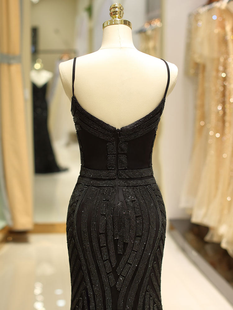 Gorgeous Black Evening Dresses Mermaid Luxury Heavy Beaded Straps Long Formal Evening Dress-showprettydress