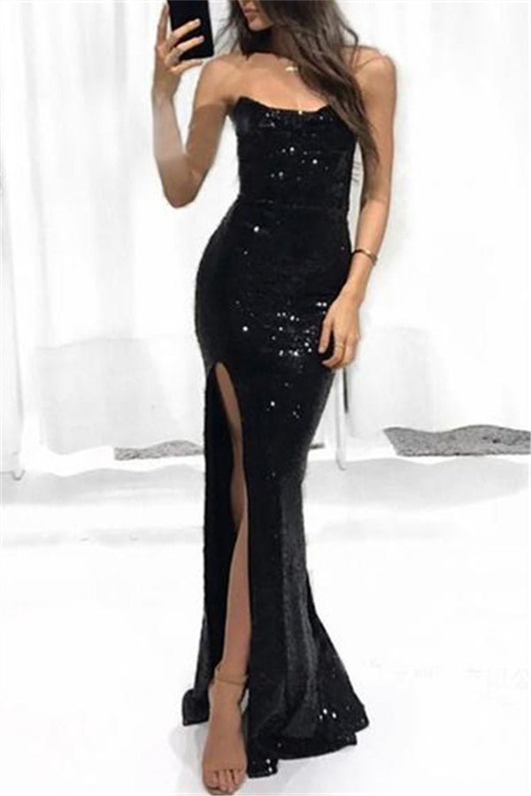 Gorgeous Black Strapless Front Split Evening Dress Long Party Gown-showprettydress