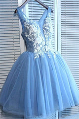Gorgeous Blue Short Homecoming Dresses V-Neck Lace-Up Hoco Dresses-showprettydress