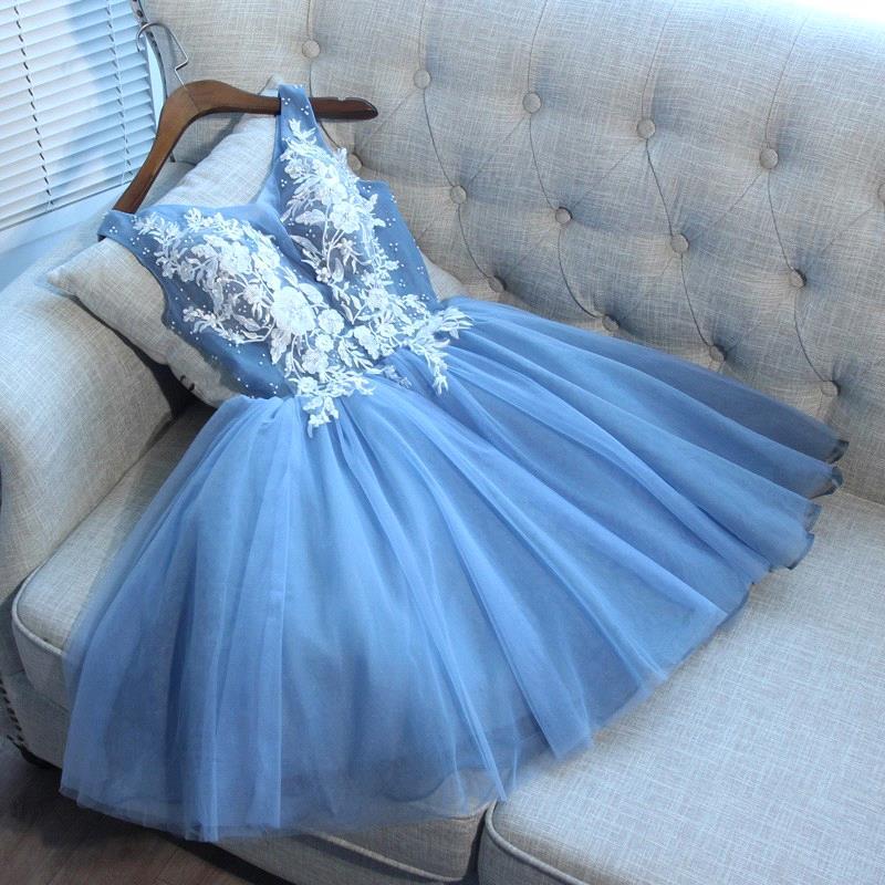 Gorgeous Blue Short Homecoming Dresses V-Neck Lace-Up Hoco Dresses-showprettydress