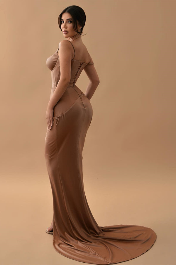 Gorgeous Brown Mermaid Prom Dress with Split Long Sleeveless-showprettydress