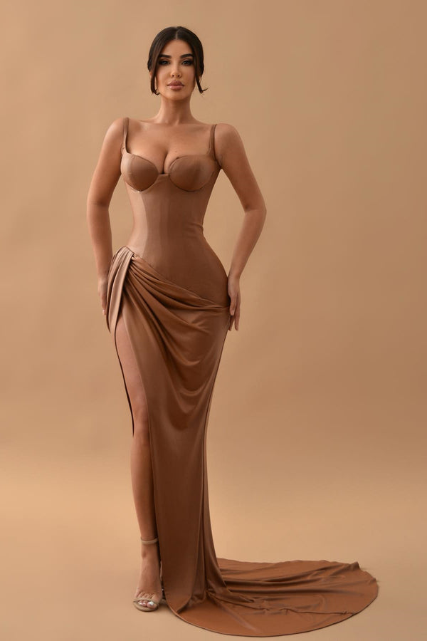 Gorgeous Brown Mermaid Prom Dress with Split Long Sleeveless-showprettydress
