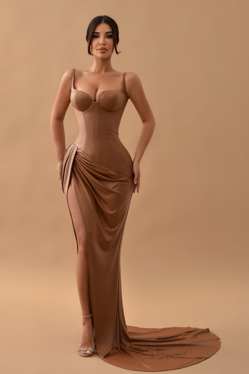 Gorgeous Brown Mermaid Prom Dress with Split Long Sleeveless-showprettydress