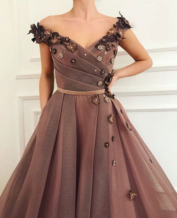 Gorgeous Brown Prom Party Gowns| V-Neck Ball Gown Evening Gowns-showprettydress