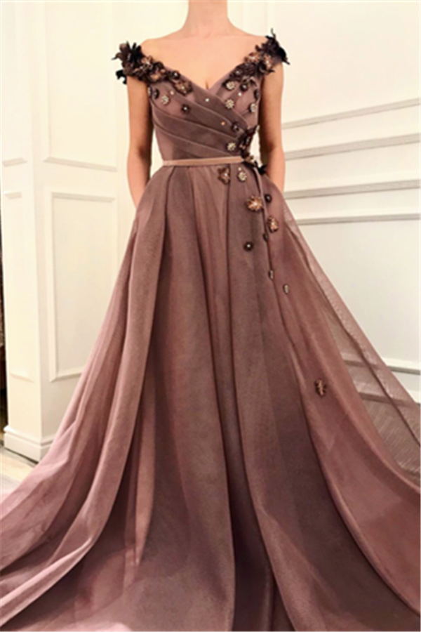 Gorgeous Brown Prom Party Gowns| V-Neck Ball Gown Evening Gowns-showprettydress