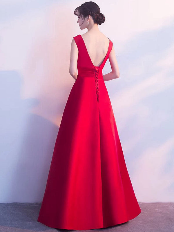 Gorgeous Burgundy Evening Dresses Long V Neck Sleeveless Pleated A Line Floor Length Evening Dress-showprettydress