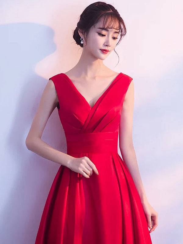 Gorgeous Burgundy Evening Dresses Long V Neck Sleeveless Pleated A Line Floor Length Evening Dress-showprettydress
