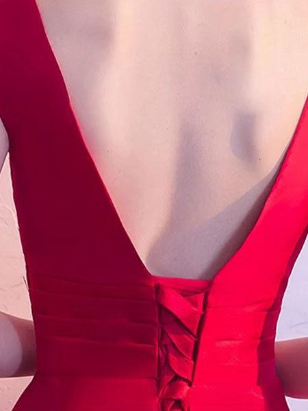Gorgeous Burgundy Evening Dresses Long V Neck Sleeveless Pleated A Line Floor Length Evening Dress-showprettydress
