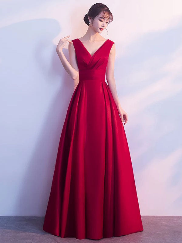 Gorgeous Burgundy Evening Dresses Long V Neck Sleeveless Pleated A Line Floor Length Evening Dress-showprettydress