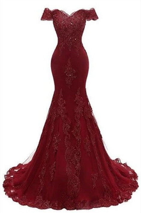 Gorgeous Burgundy Prom Party Gowns| Mermaid Lace Evening Gowns-showprettydress