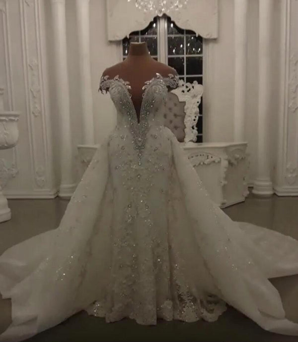 Gorgeous Crystal Lace Off-the-Shoulder V-neck Beading Wedding Dresses with Detachable Overskirt-showprettydress
