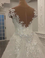 Gorgeous Crystal Lace Off-the-Shoulder V-neck Beading Wedding Dresses with Detachable Overskirt-showprettydress